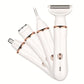 White grooming kit with foil shaver, nose, and eyebrow heads and rose gold trim