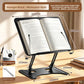 Starry Black minimalist reading stand with a book open, dimension callouts, base pad and adjuster tool