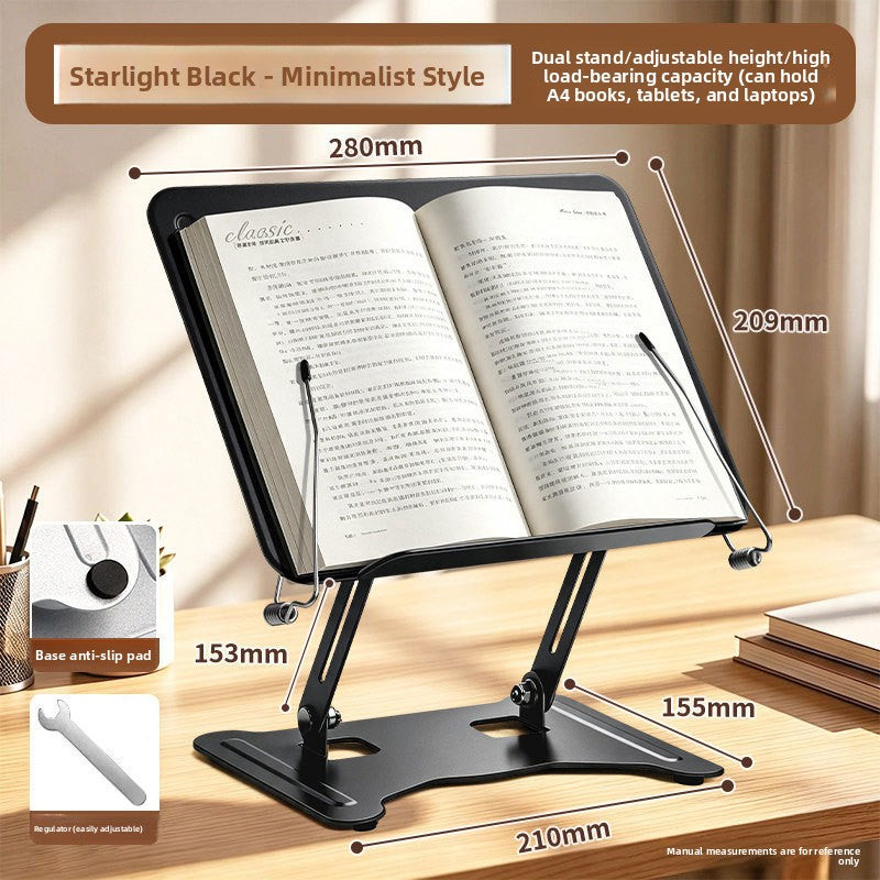 Starry Black minimalist reading stand with a book open, dimension callouts, base pad and adjuster tool