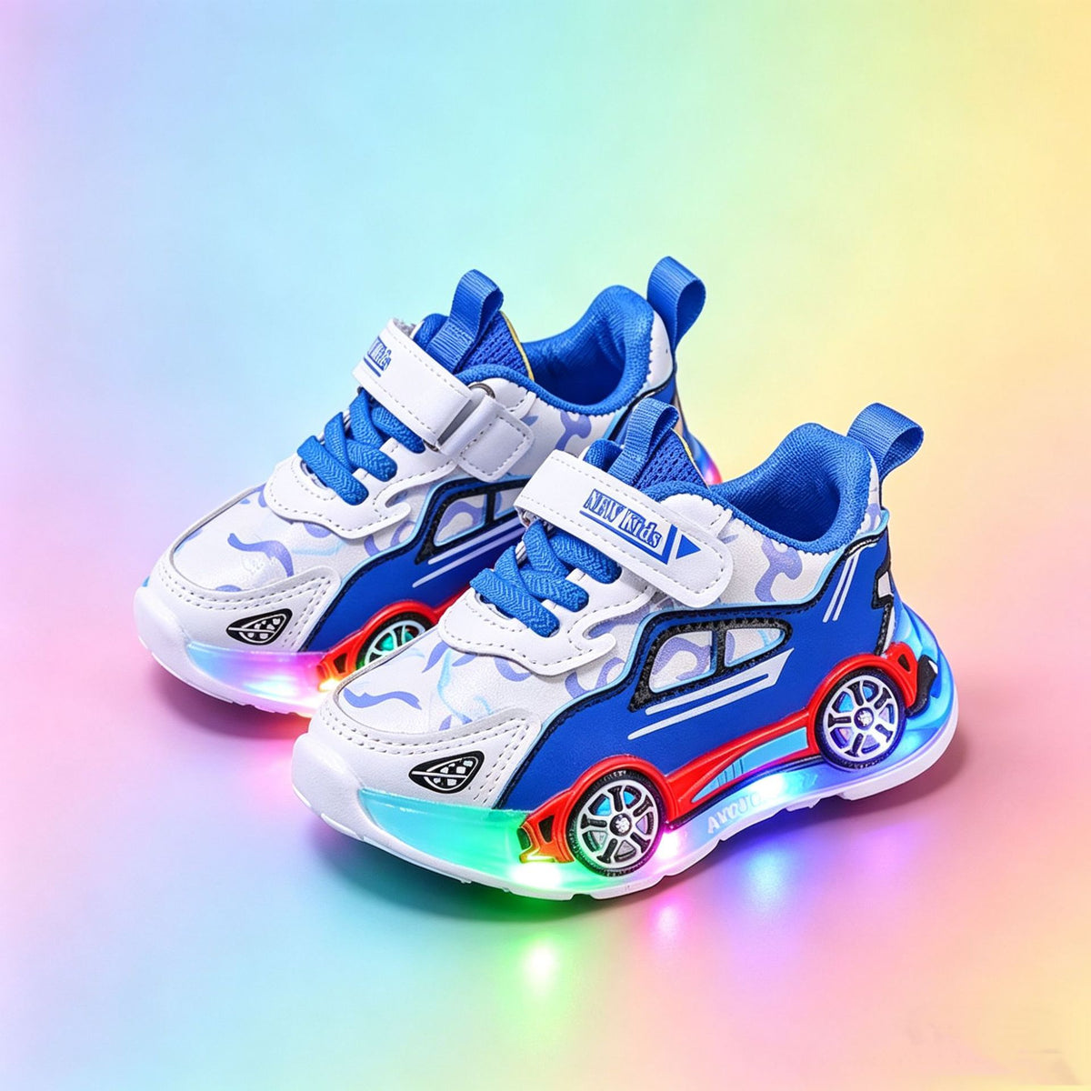 Blue and white sports car kids sneakers with LED sole lights, EU size 27
