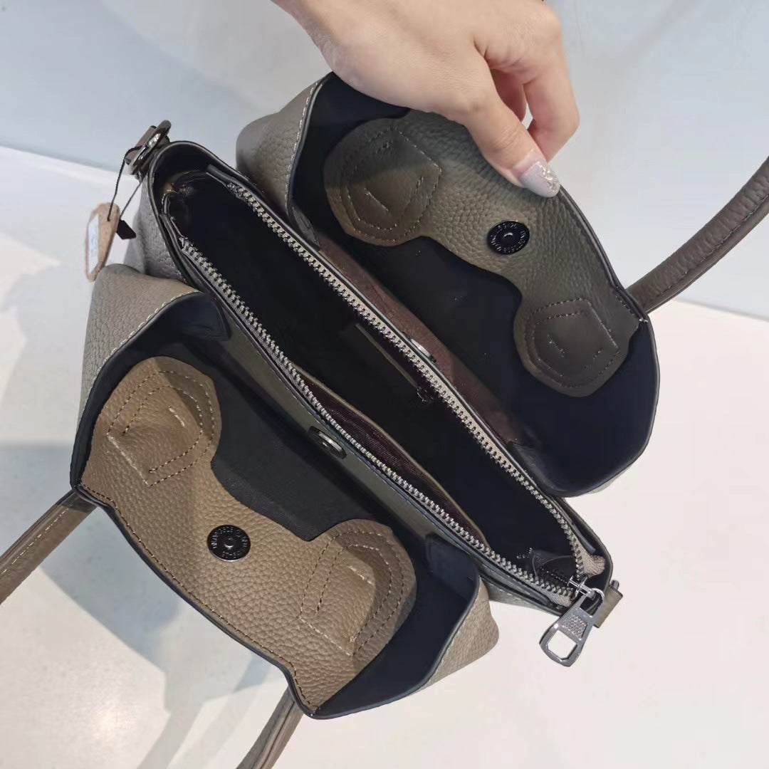 Leather bucket bag three-layer interior with phone pocket