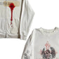 White gothic zip hoodie with a doubled hood and ribbed cuffs on soft polyester fleece