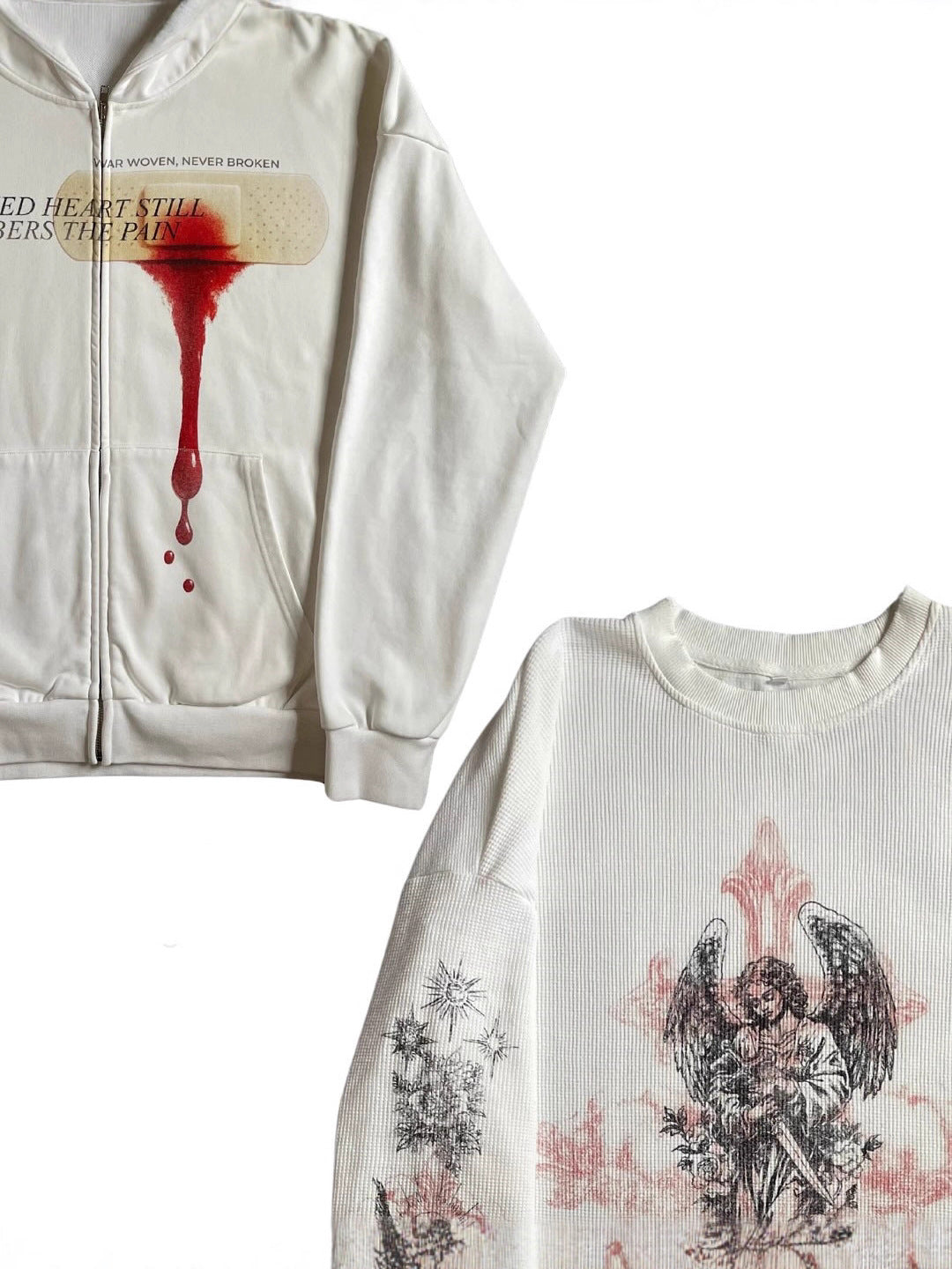 White gothic zip hoodie with a doubled hood and ribbed cuffs on soft polyester fleece