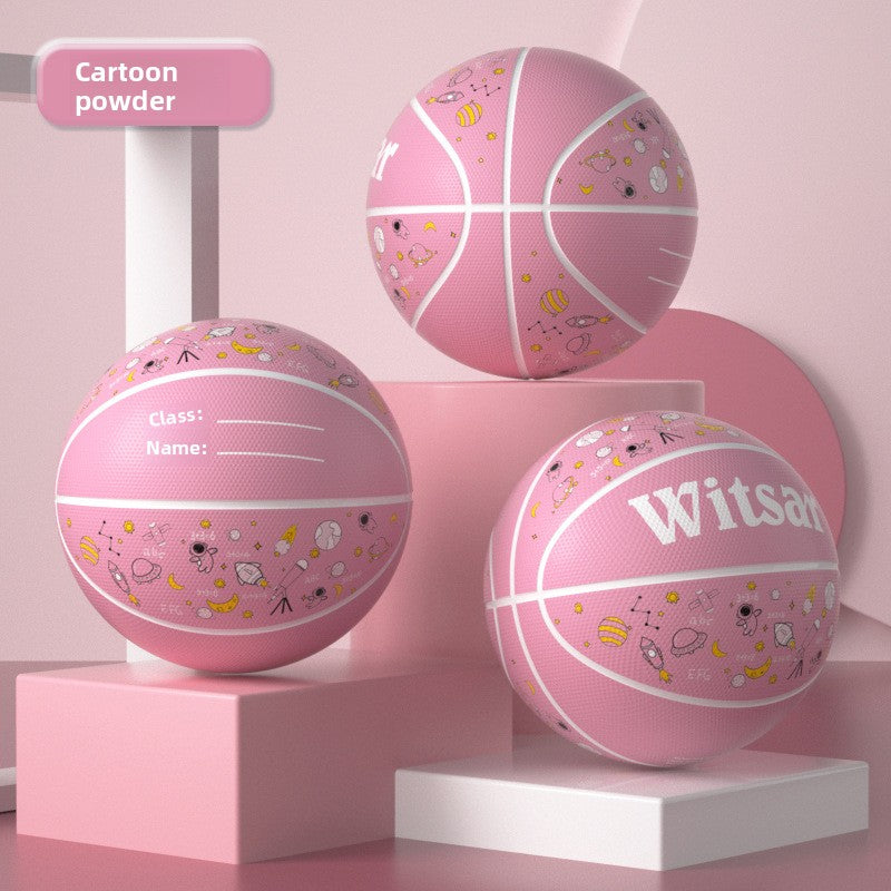 Pink cartoon panda rubber basketball for children on a soft pink studio set