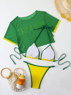 Back of the green and yellow Brasil bikini set showing removable white pads inside the triangle top