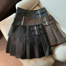 Womens High Waist Pleated PU Skirt