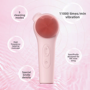 Pink silicone face brush front with rose bristles, intensity buttons and power button