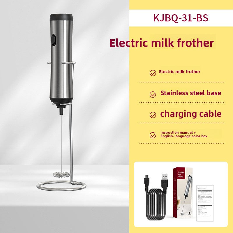 Stainless steel KJBQ-31-BS milk frother standing on a steel base with charging cable and instructions