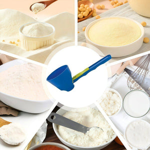 Funnel measuring scoop shown with milk powder, protein, coffee, and flour