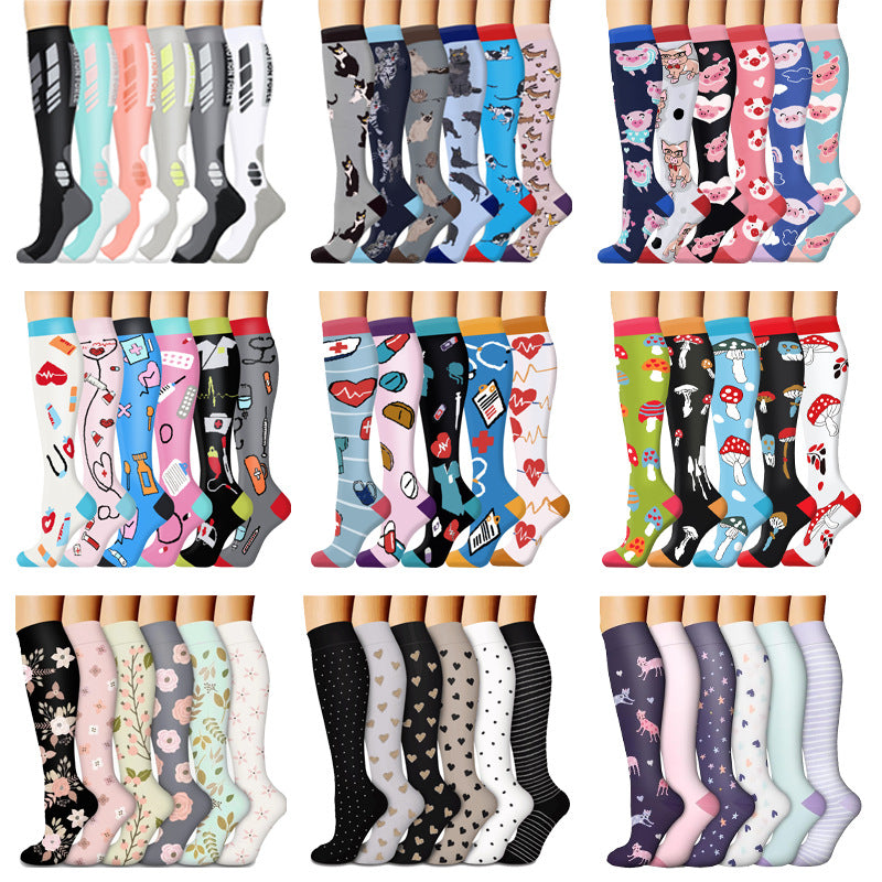 Knee high graduated compression socks shown as an assorted colour and print pack