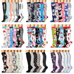 Knee high graduated compression socks shown as an assorted colour and print pack