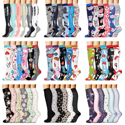 Knee high graduated compression socks shown as an assorted colour and print pack