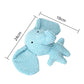Blue ribbed plush elephant dog toy with a long trunk, with size lines marking 24 cm by 18 cm