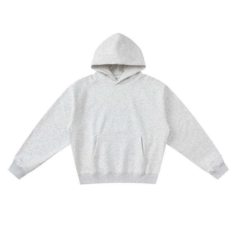 Light Heather Gray pullover hoodie with front pouch pocket and rib knit cuffs flat on white, size XL option