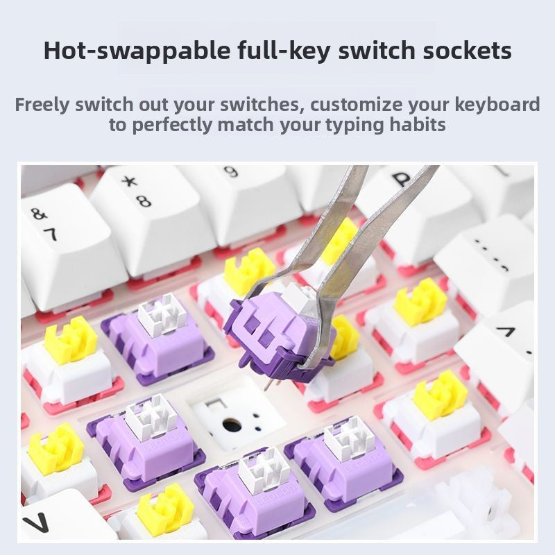Close view of hot-swap switch sockets on the F99 keyboard with a switch puller
