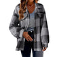 Loose fit plaid sherpa shacket in soft polyester fleece, front styling over jeans