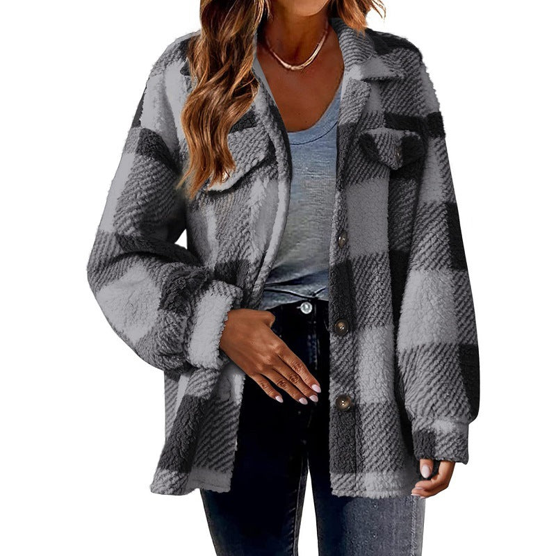 Loose fit plaid sherpa shacket in soft polyester fleece, front styling over jeans