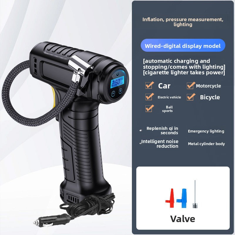 Tire inflator kit with pump, USB power cable, air tube and four valve nozzle adapters