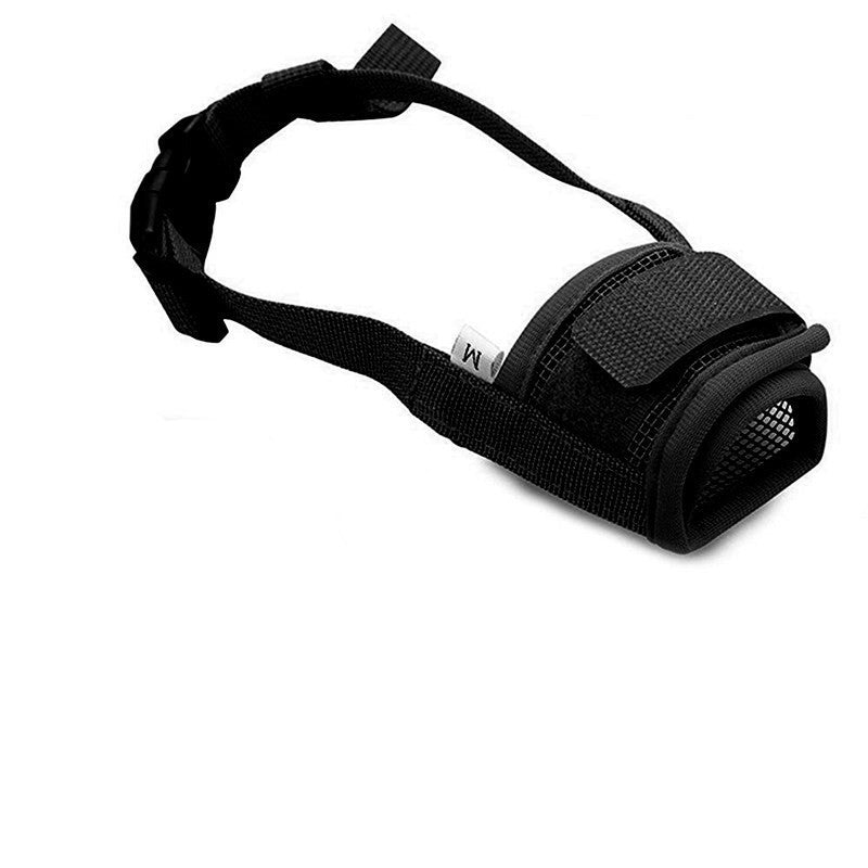 Red adjustable dog muzzle with breathable mesh front and head strap