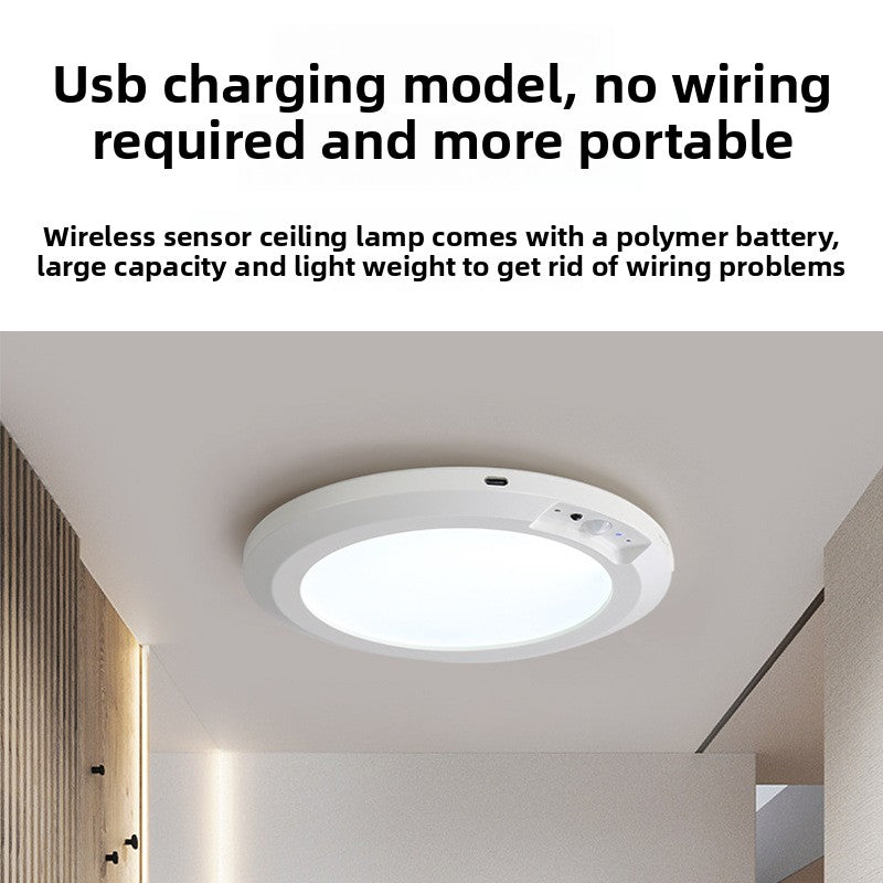 Rechargeable sensor ceiling light glowing softly in a dim closet