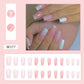 Full cover press-on almond nails in a line art design, glossy finish shown on a hand