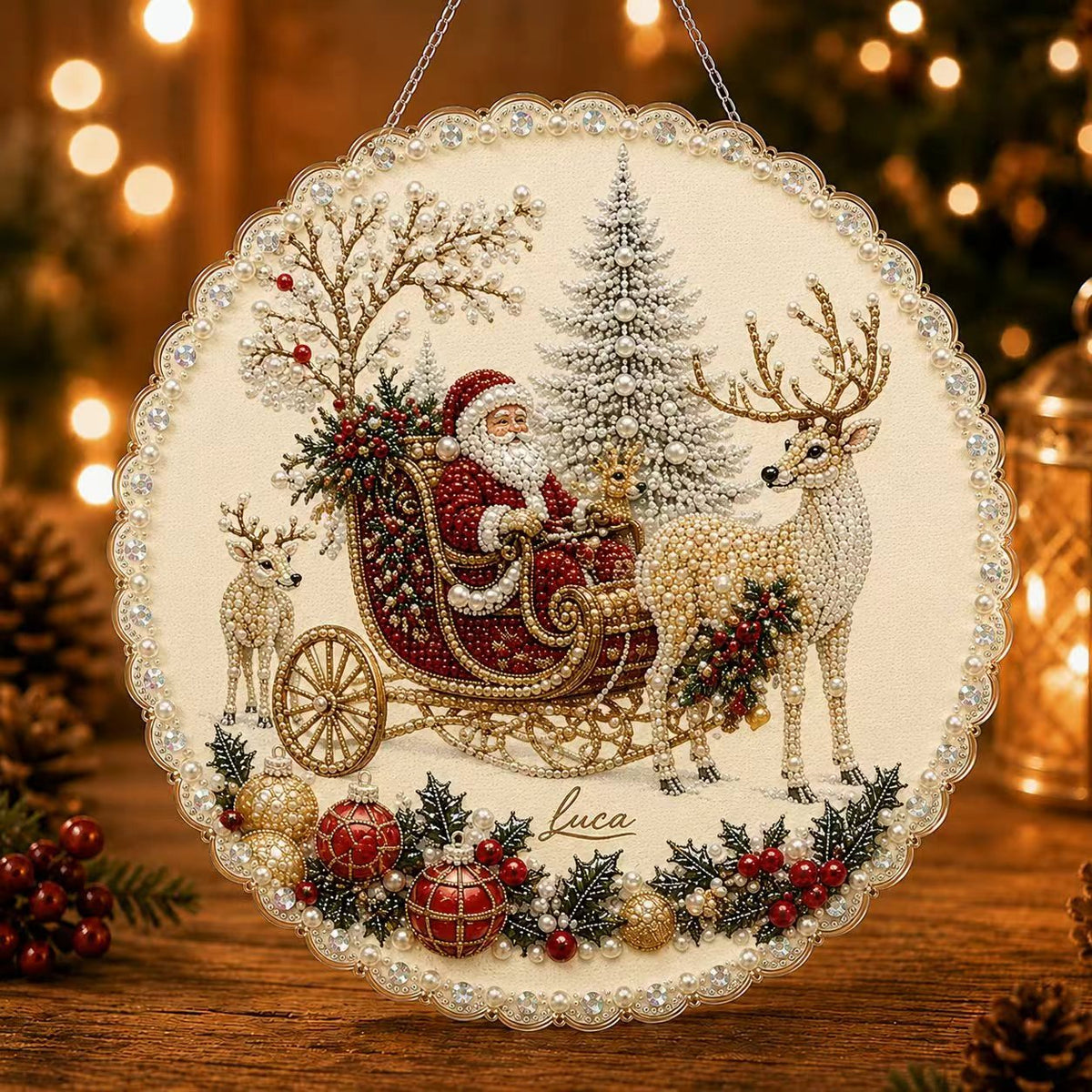 Close up of acrylic rhinestones set into a Christmas door hanger design
