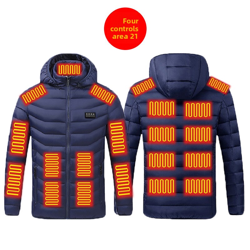 Black heated hooded jacket worn outdoors in cold weather with the hood up