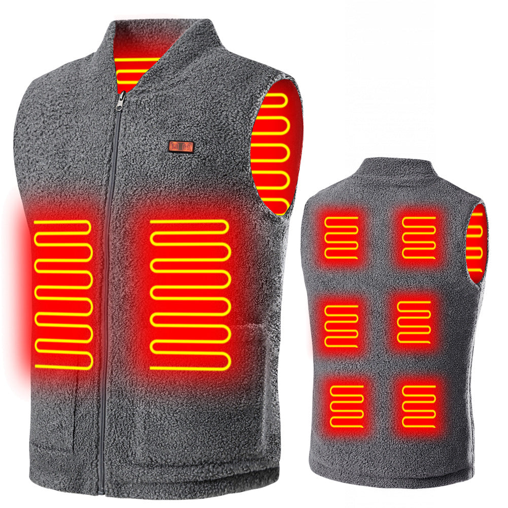 Grey heated sherpa fleece vest with illustrated heating panels, Grey option, size 3XL