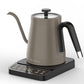 Taupe gooseneck kettle in the finish the maker calls Titanium, black handle, maker name on the body