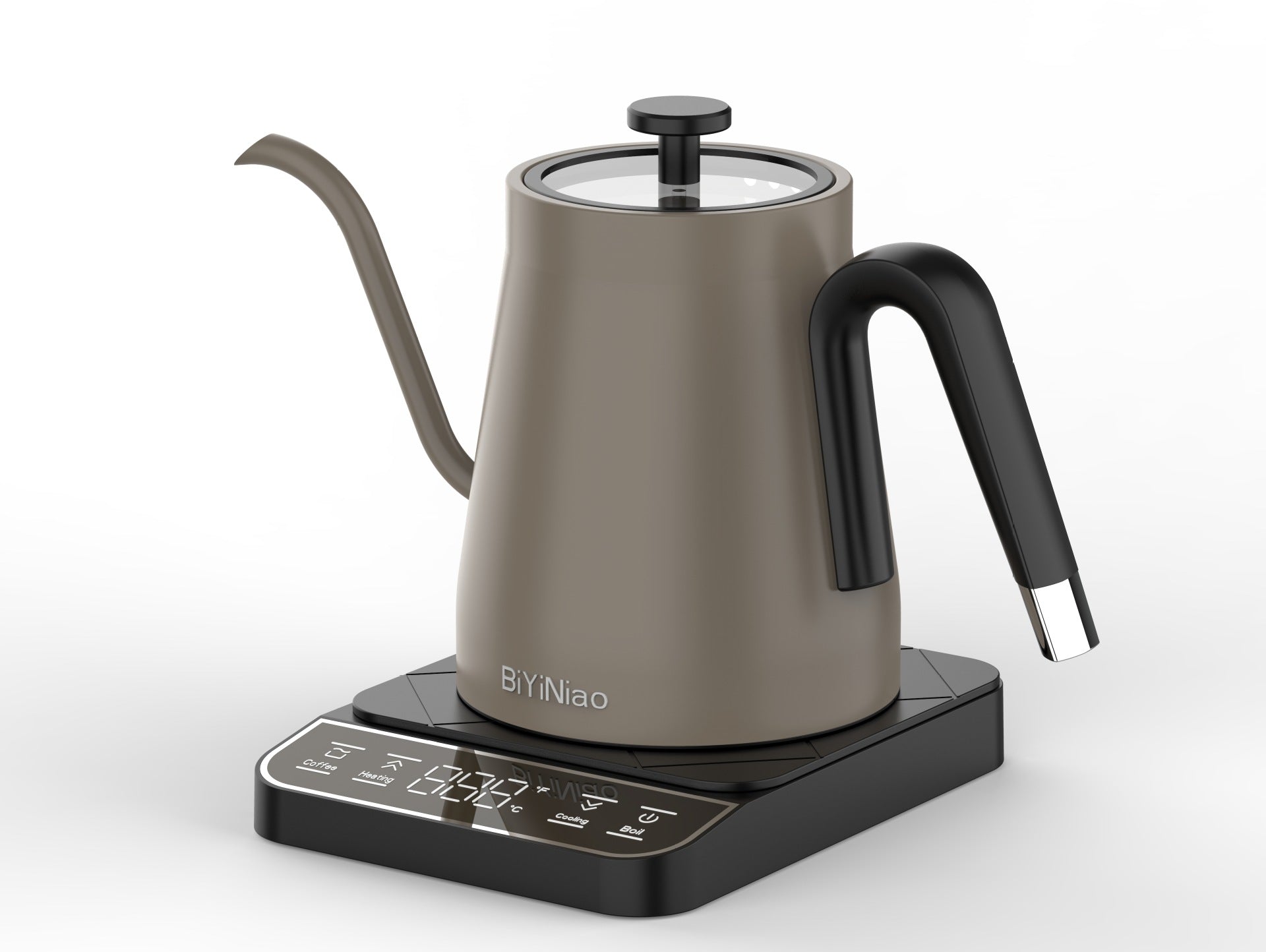 Taupe gooseneck kettle in the finish the maker calls Titanium, black handle, maker name on the body
