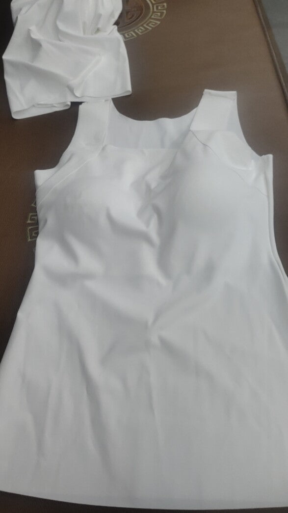 White seamless nylon square neck tank top, flat lay on a dark table, size 4XL option photo