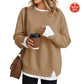 Front view of a khaki long sleeve sweatshirt with round neck and layered hem look