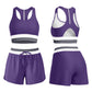 Womens two piece color block swim set worn on the beach, racerback tank top and matching shorts