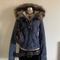 Navy blue short hooded jacket image for the Navy blue option in size S, with a fur trimmed hood and button front