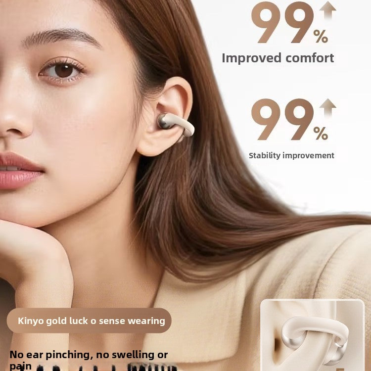 Model wearing a champagne open ear clip earphone on the outer ear, seen in profile