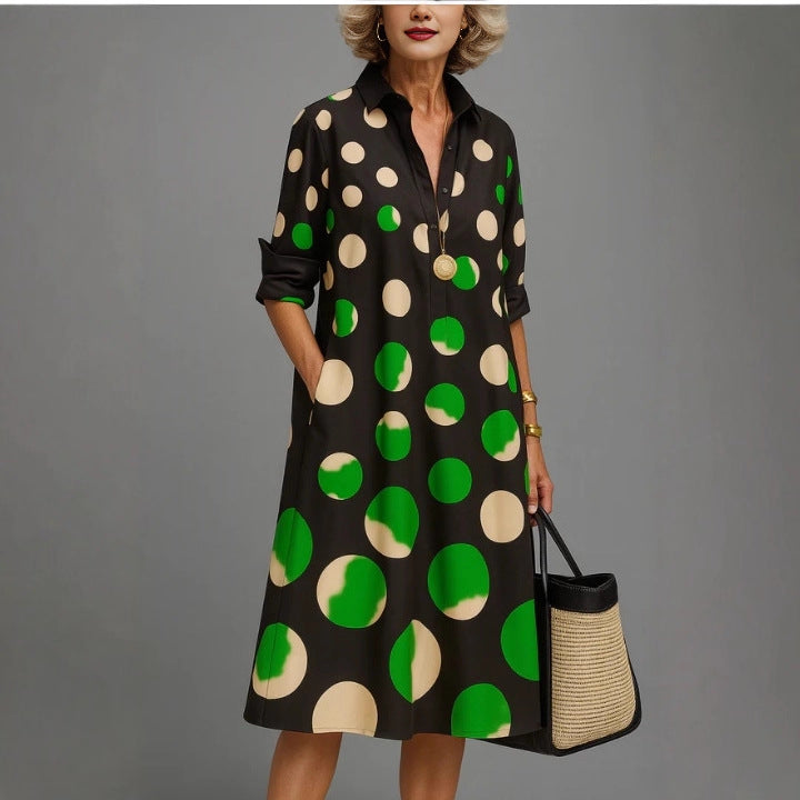 Black and Green Polka Dot polyester shirt collar long sleeve A-line midi dress on a standing model