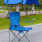 Blue foldable camping chair with a blue canopy, armrests and a cup holder, three-quarter view