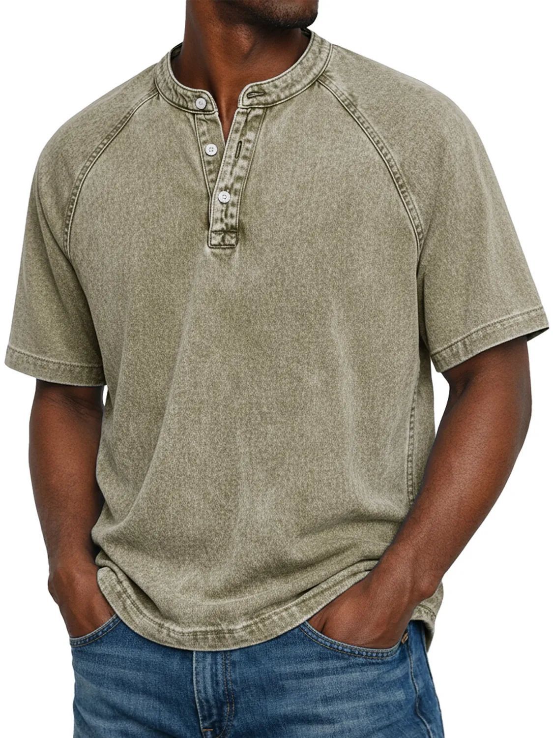 Washed denim henley worn with jeans in a casual outfit