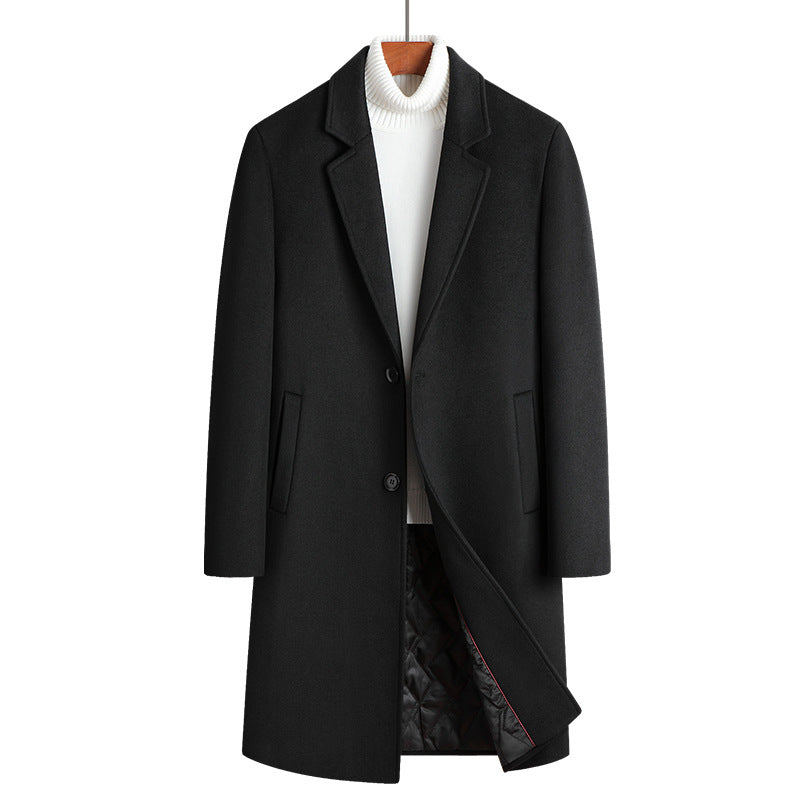 Black single-breasted long coat with notch lapel and two buttons over a white turtleneck, size 190/3X option
