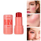 Peach jelly blush stick with its cap beside it, next to close-ups of faces wearing blush on the cheeks