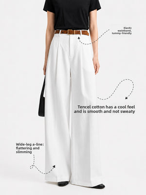White wide leg Tencel cotton trousers laid flat showing button fly, belt loops and front pleats