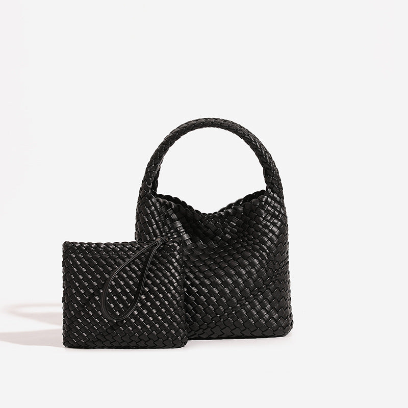 Black woven PU leather bucket bag with rounded plaited handle and zip pouch with wrist loop