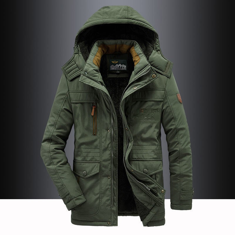 Military green fleece lined hooded parka, front flat lay with padded body, size 3XL