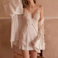 Short lace trim satin slip nightgown shown from the side
