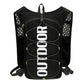 Black hydration backpack front with white OUTDOOR print and reflective crossed bungee cords