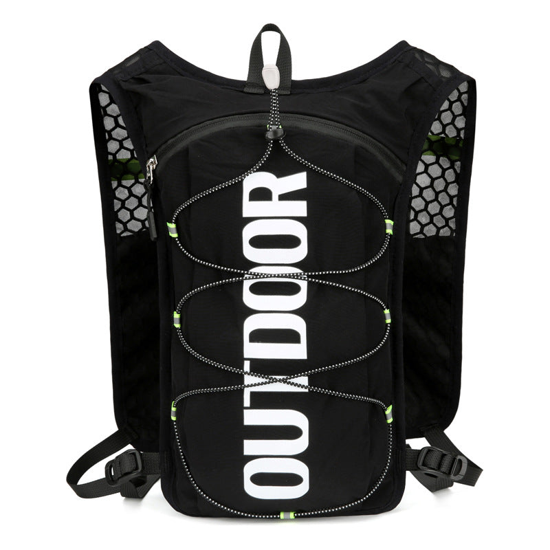 Black hydration backpack front with white OUTDOOR print and reflective crossed bungee cords