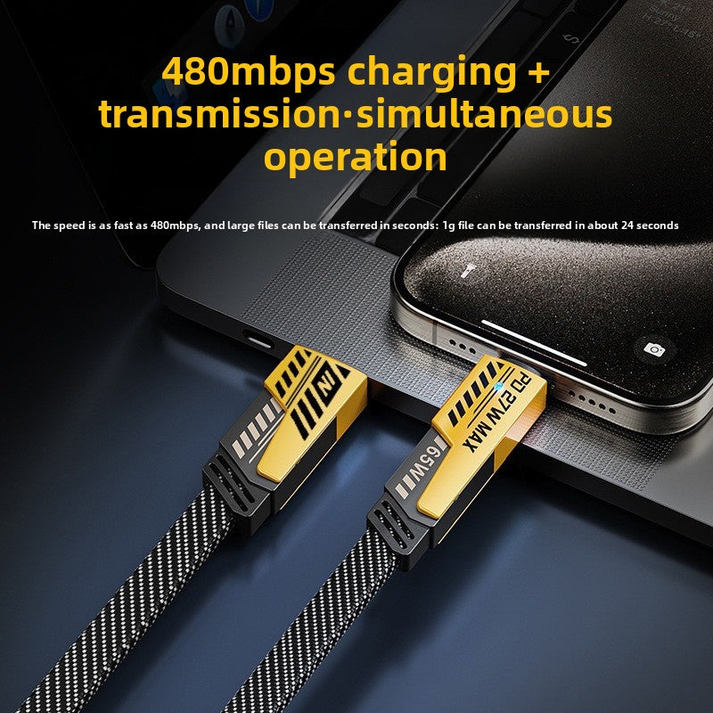 Both cable ends plugged into a laptop and a phone showing the data speed panel