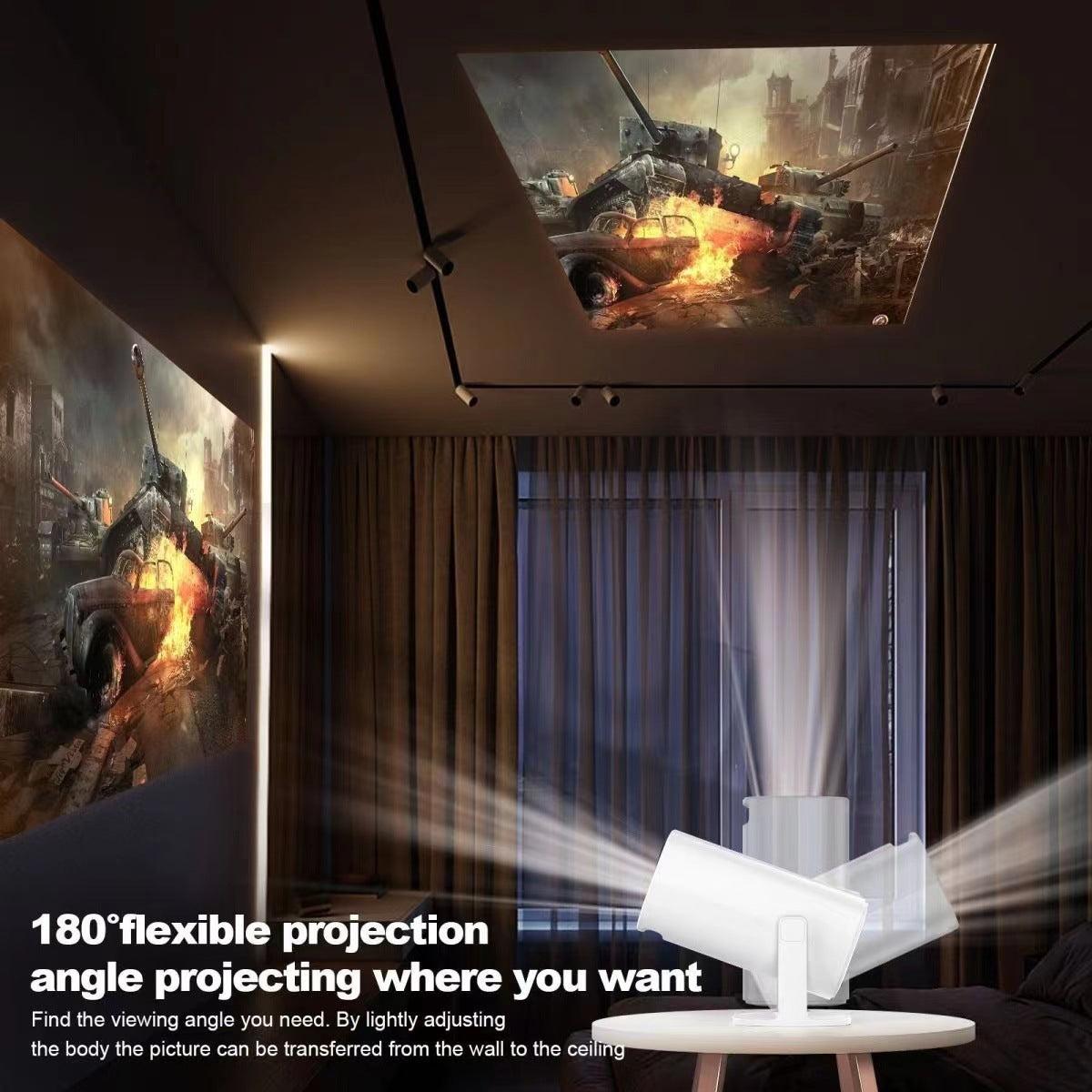 Projector on a table casting a picture on a living room wall and the ceiling, caption 180 degree flexible projection