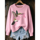 Pink womens 3D print knit look pullover top with a hummingbird motif, product photo