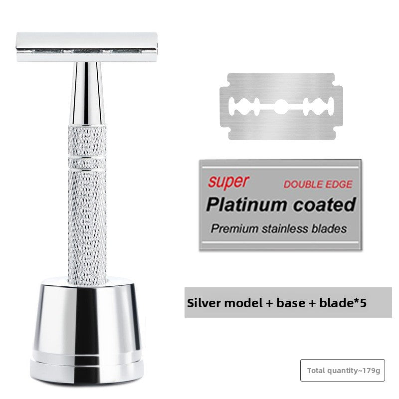 Silver chrome safety razor on a matching weighted stand with five replacement blades